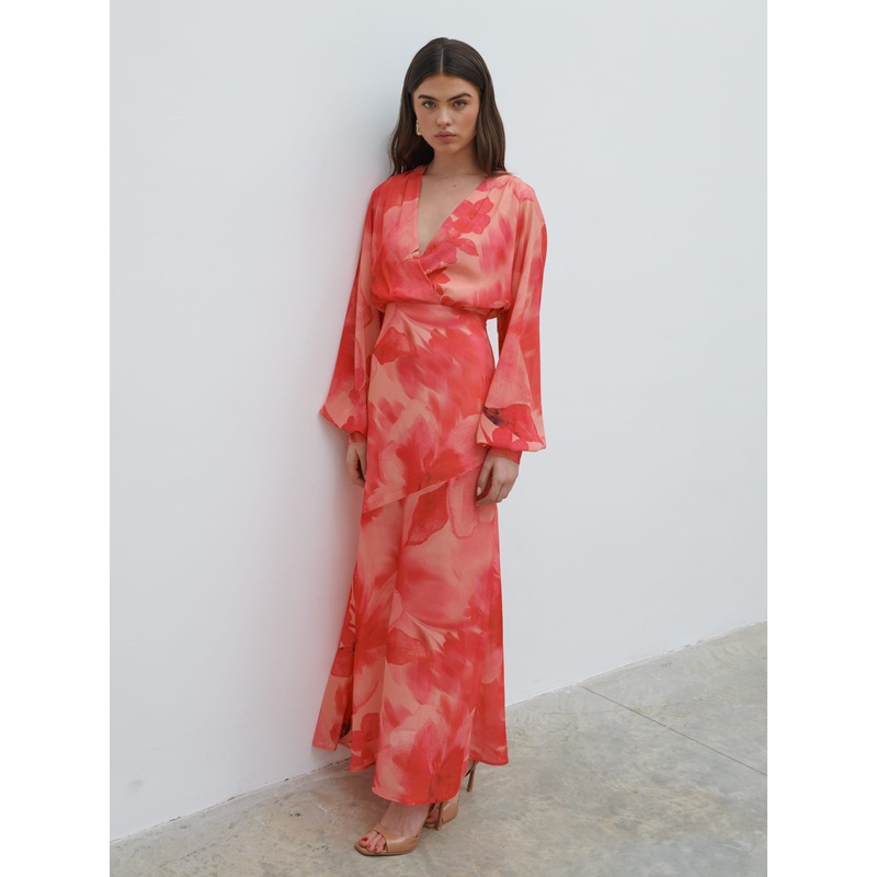 Theia Batwing Maxi Dress – Pink Large Scale Floral