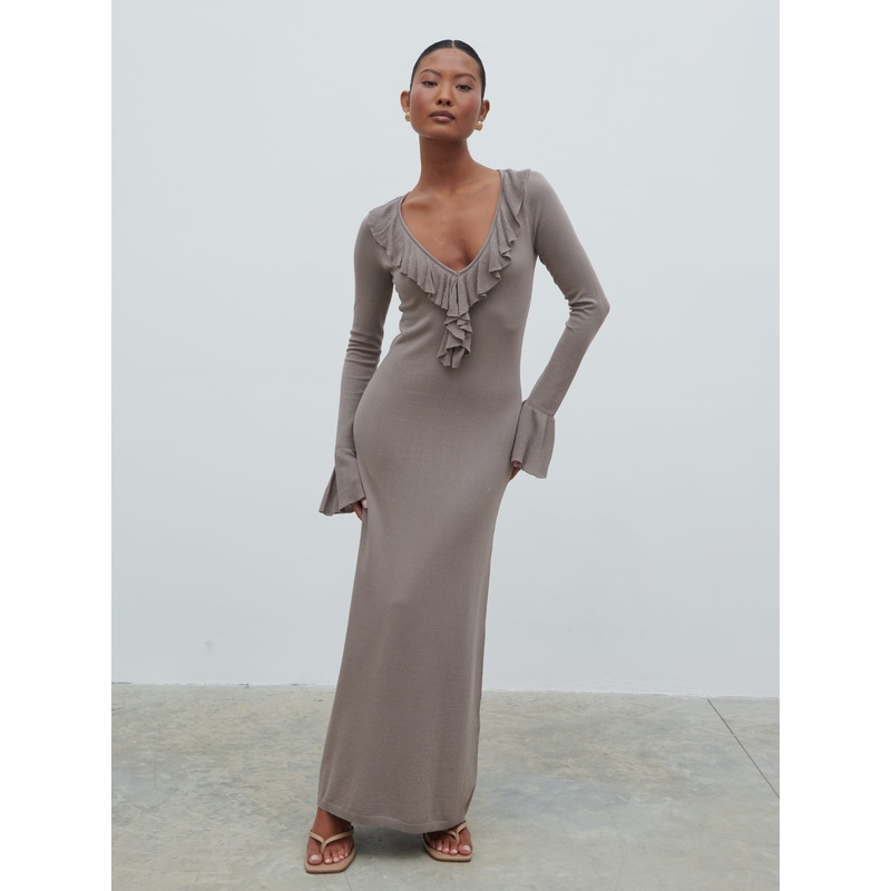 Vera Ruffle Front Knit Midaxi Dress – Stone