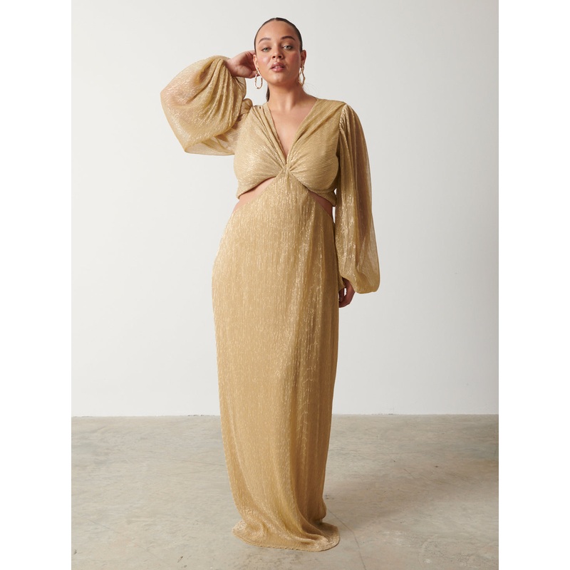 Zaya Plisse Metallic Maxi Dress Curve – Metallic Gold