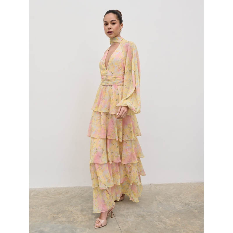 Anya Ruffle Maxi Dress – Pastel Multi Abstract Print