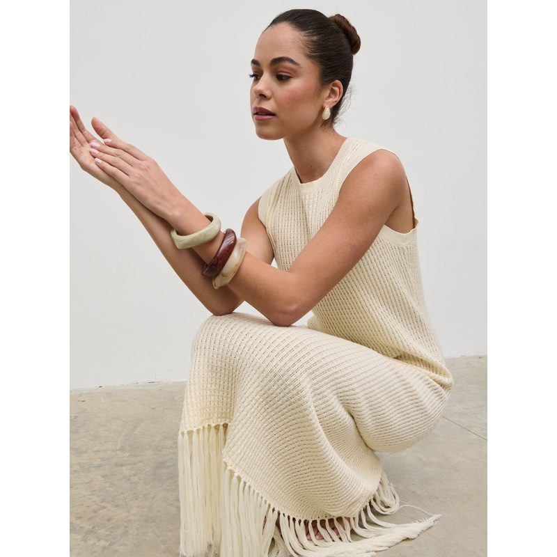 Asha Rustic Fringed Knit Midaxi Dress – Cream