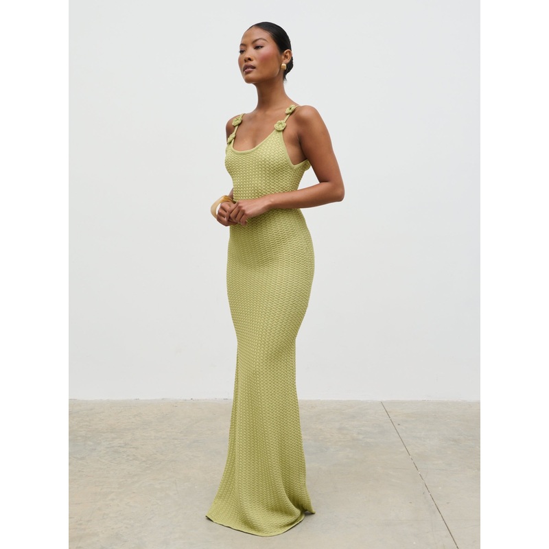 Astrid Rosette Sleeve Knit Maxi Dress – Green