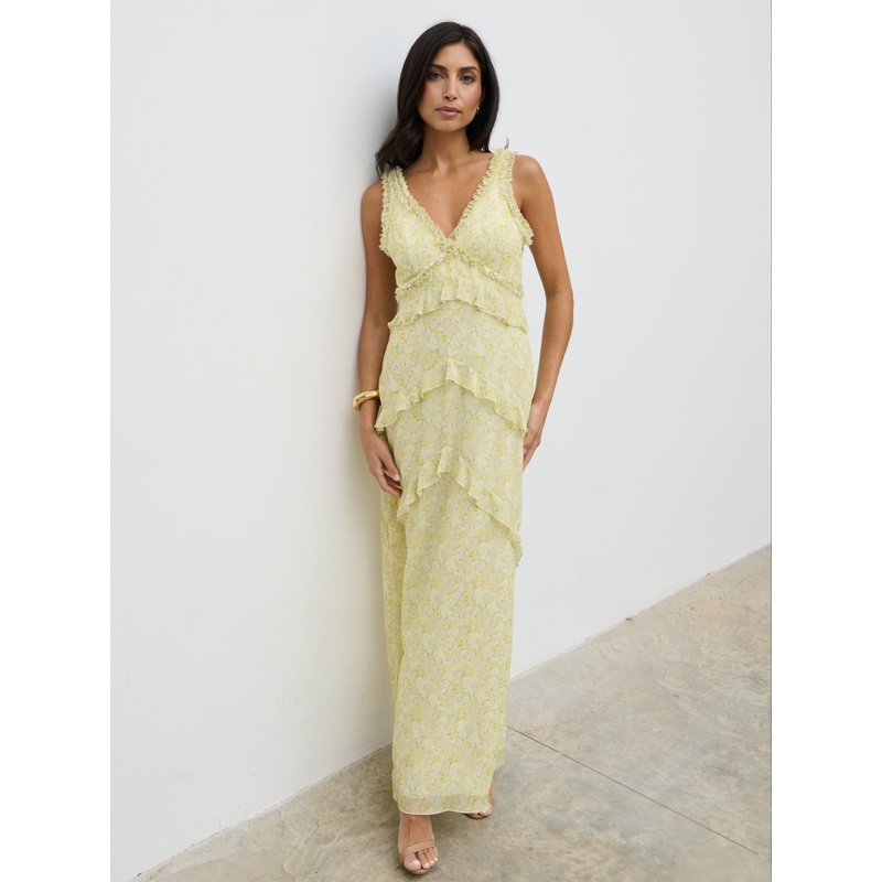 Aurelia Ruffle Maxi Dress – Lime Ditsy Floral