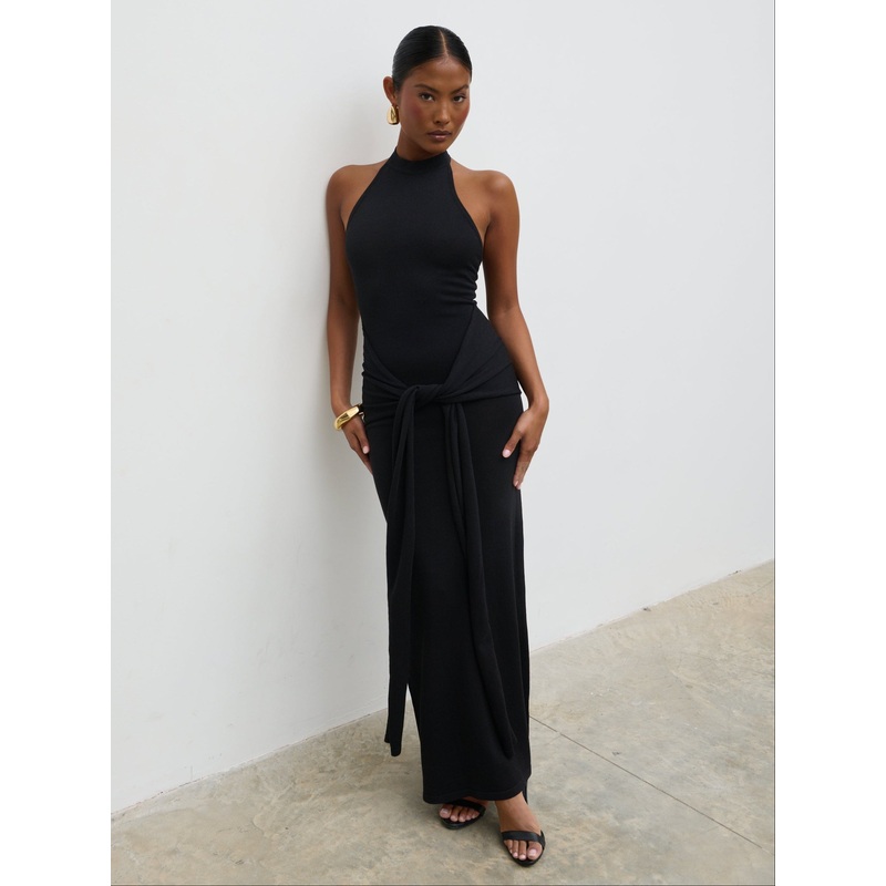 Bernelle Halterneck Tie Waist Knit Midaxi Dress – Black