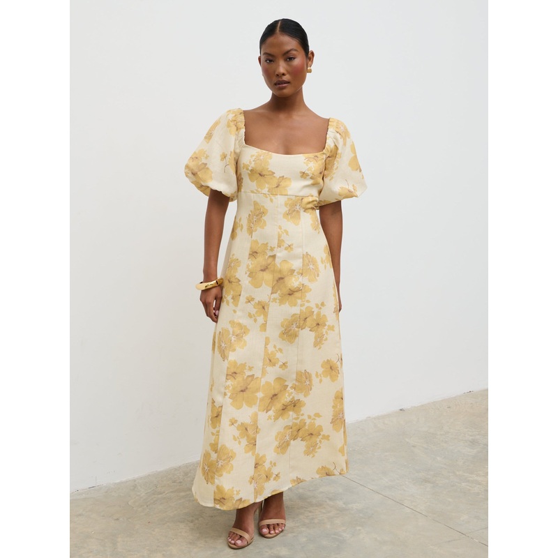 Bette Printed Puff Sleeve Midaxi Dress – Yellow Ochre Floral