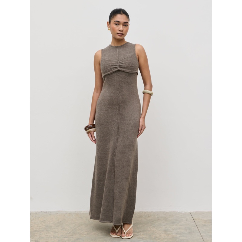 Brittany Fine Tape Bra Detail Knit Maxi Dress – Mushroom