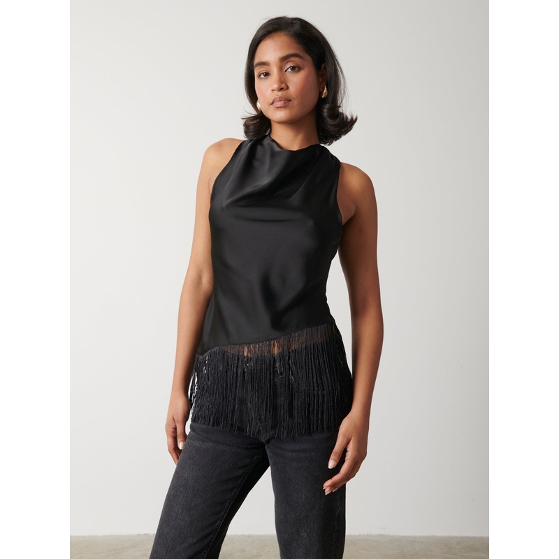 Callie Asymmetric Fringed Top – Black
