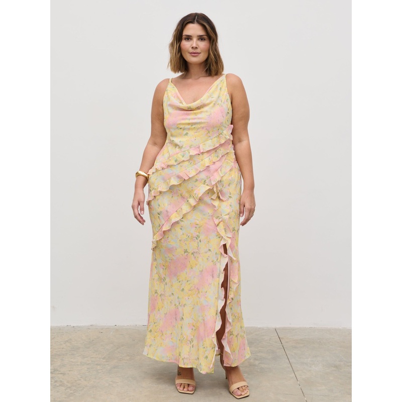 Constance Ruffle Maxi Dress Curve – Pastel Multi Abstract Floral