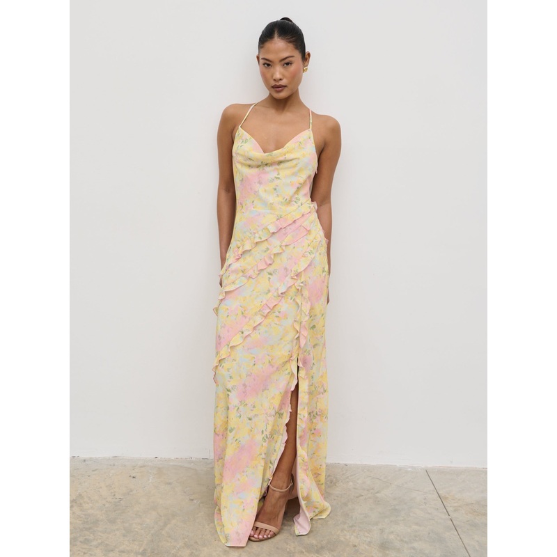 Constance Ruffle Maxi Dress – Pastel Multi Abstract Floral