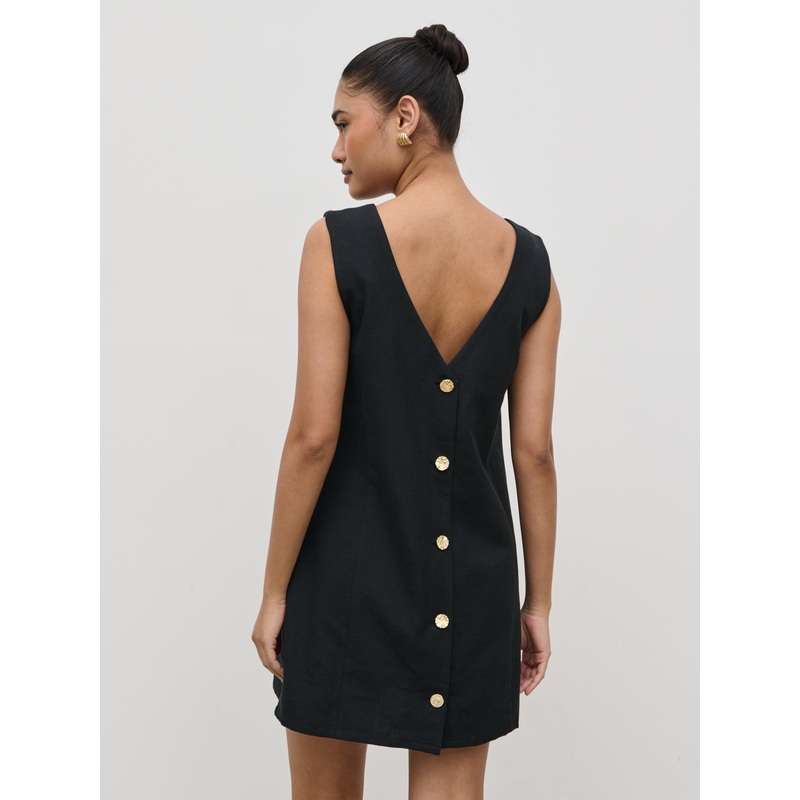 Darla Button Mini Dress – Black