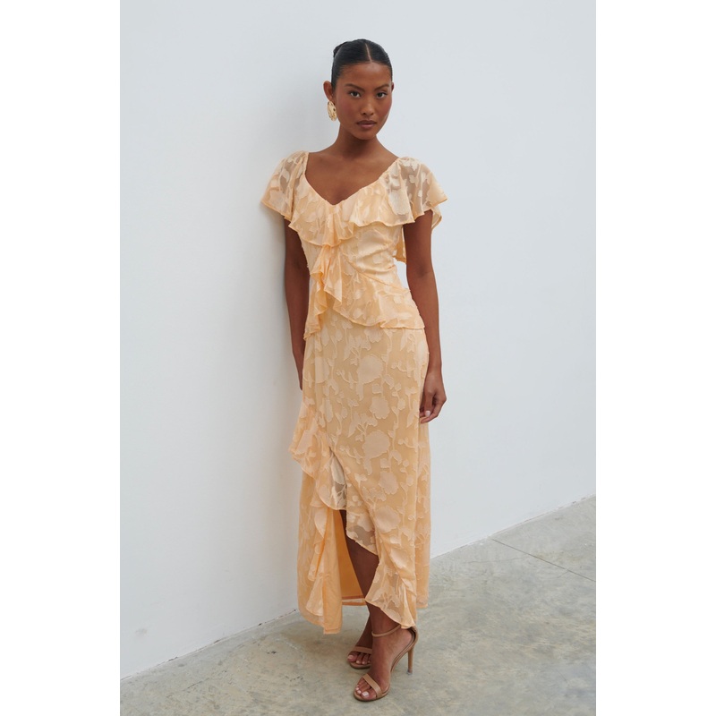 Eloise Ruffle Jacquard Midaxi Dress – Apricot