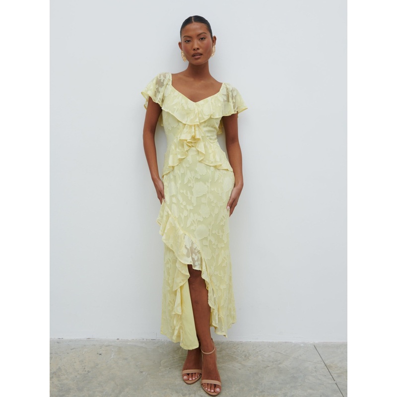 Eloise Ruffle Jacquard Midaxi Dress – Lemon