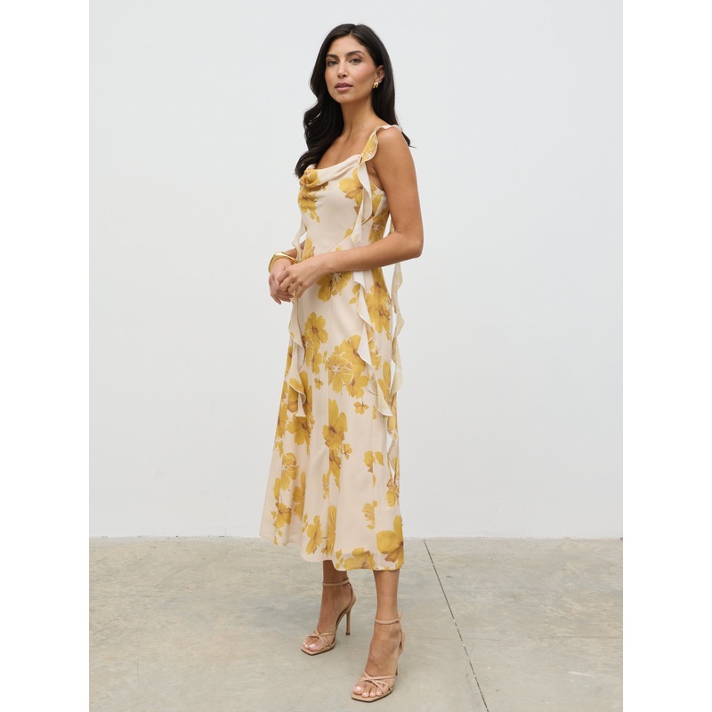 Rya Ruffle Midaxi Dress – Yellow Ochre Floral