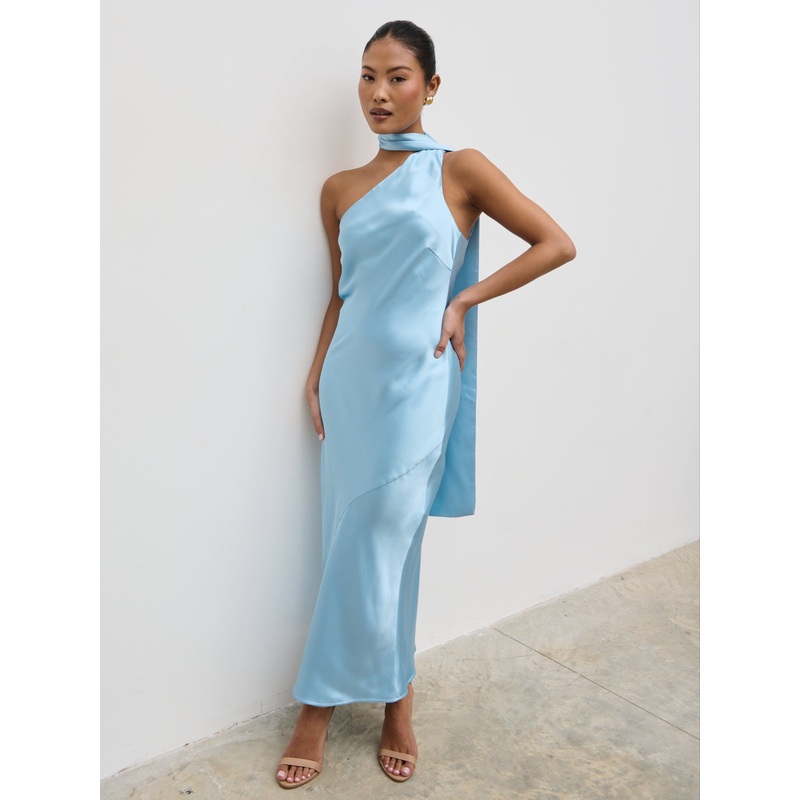 Sheree One Shoulder Scarf Midaxi Dress – Sky Blue