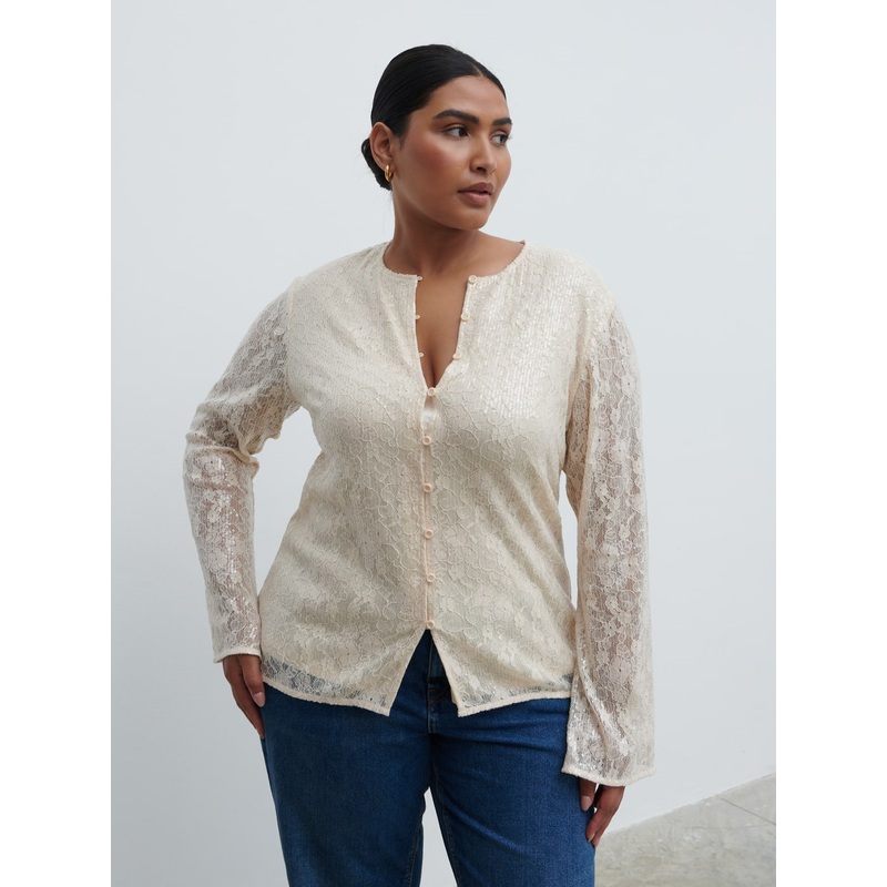 Tai Sequin Lace Cardigan Curve – Oyster