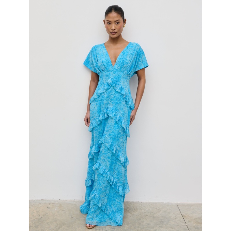 Tamsin Ruffle Chiffon Dress – Blue Multi Abstract Print
