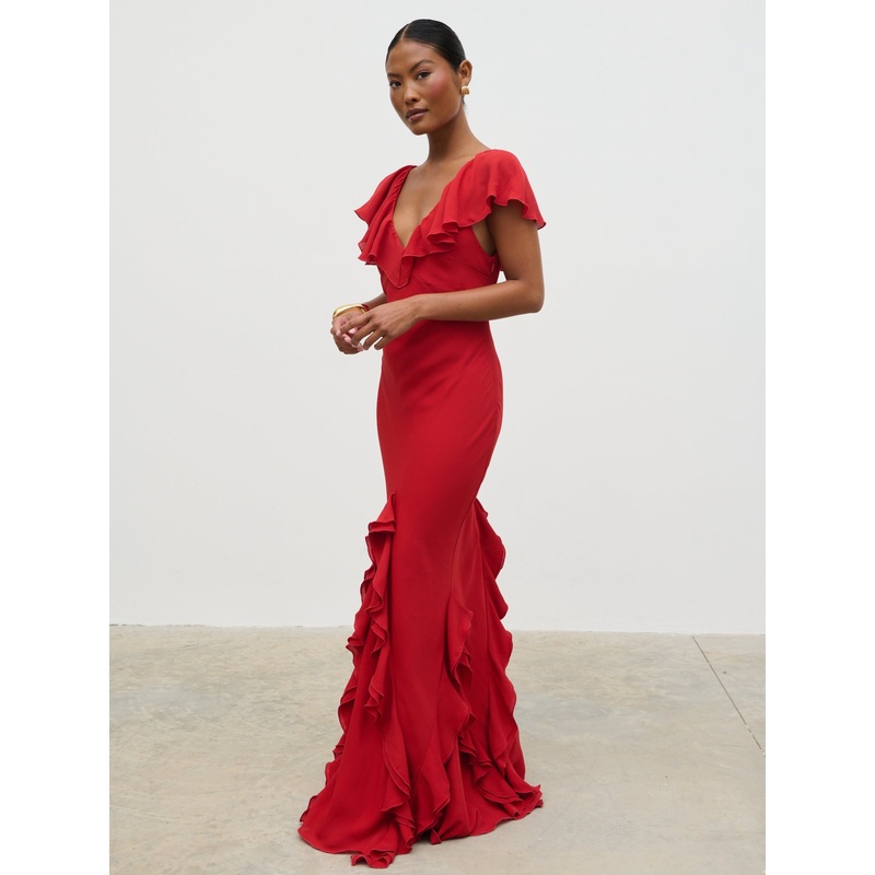 Uma Cap Sleeve Ruffle Maxi Dress – Red