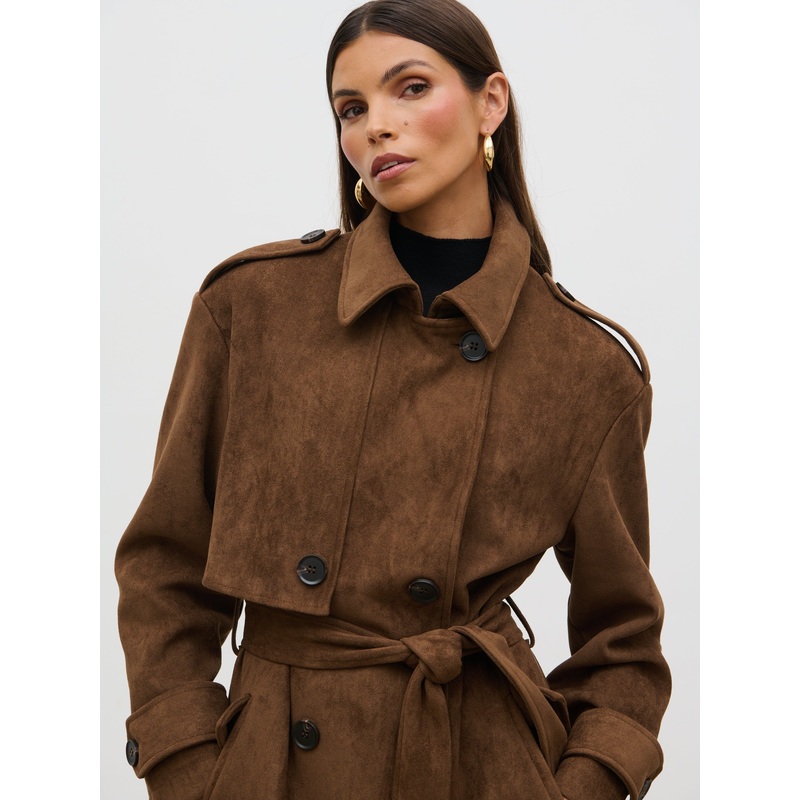 Agnes Longline Faux Suede Trench Coat – Chocolate Brown