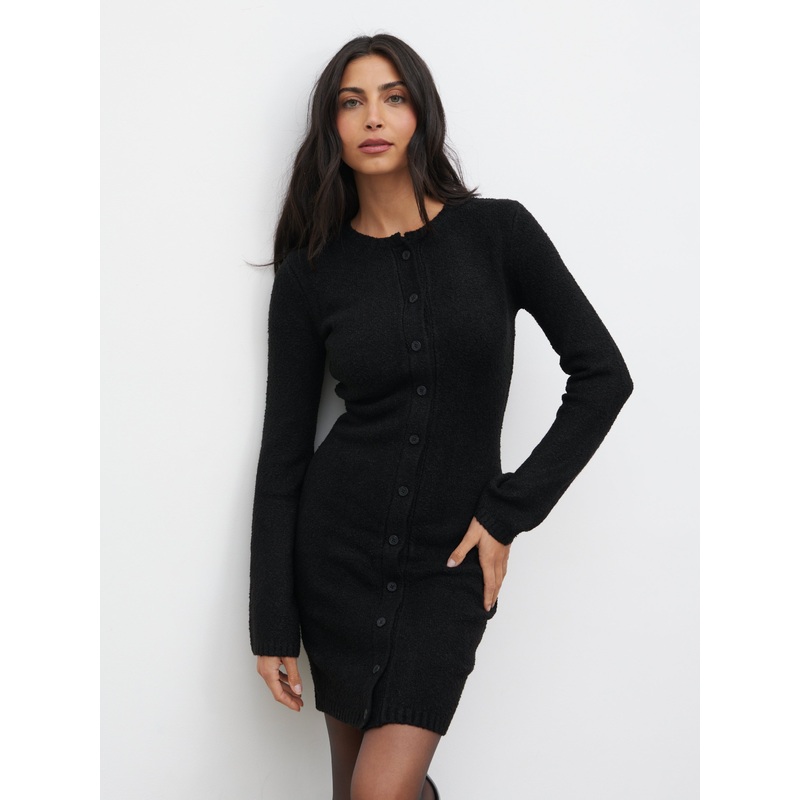 Aida Mini Button Down Knit Dress – Black