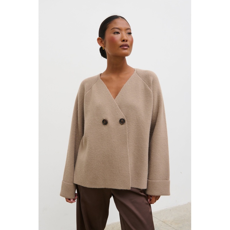 Aisha Double Breasted Knit Cardigan – Dusty Taupe