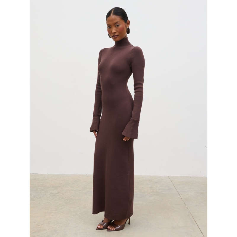Alina High Neck Knit Midaxi Dress – Brown