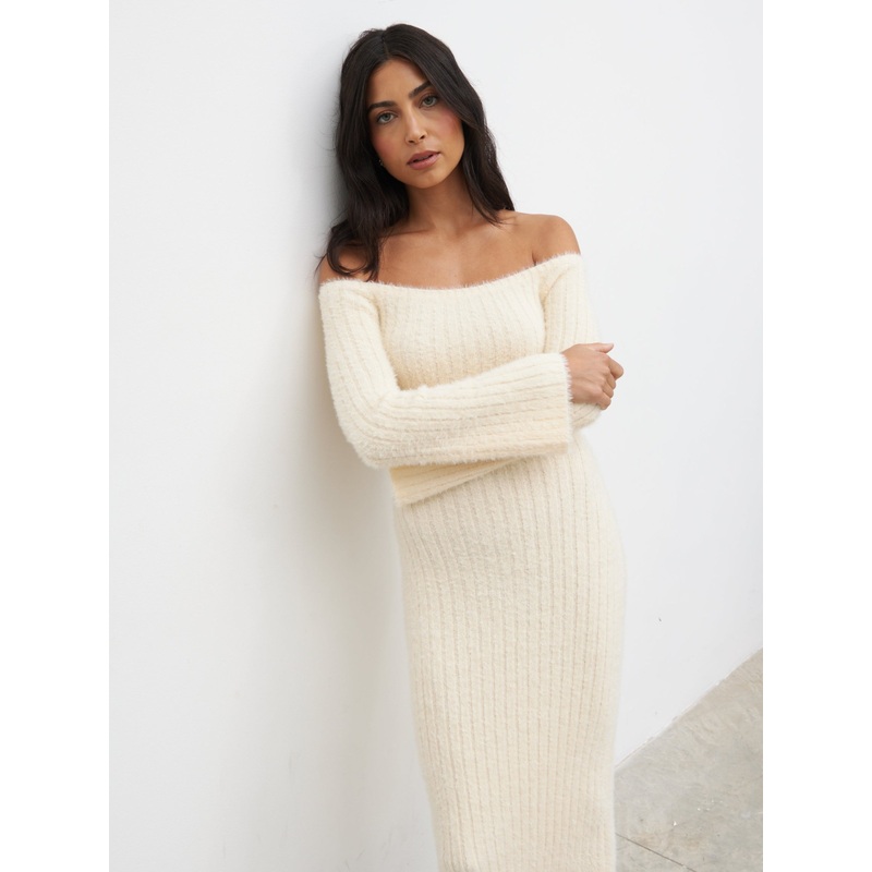 Alora Fluffy Knit Midaxi Dress – Cream