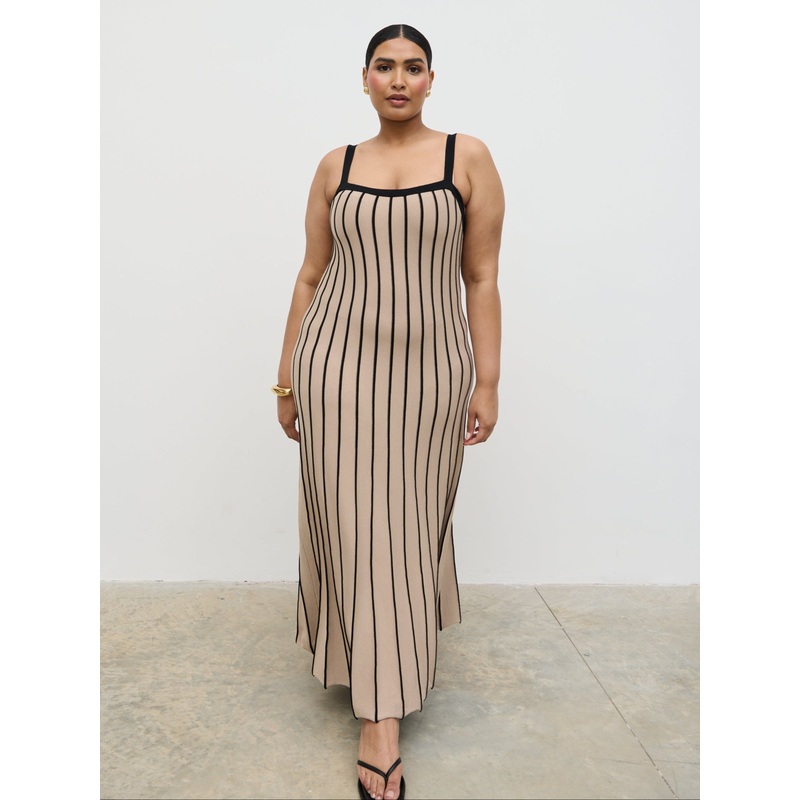 Alyssia Stripe Long Midaxi Knit Dress Curve – Dark Beige and Black