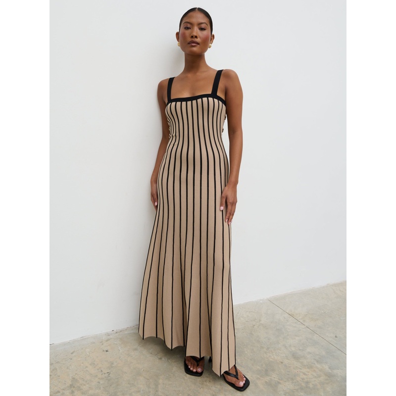 Alyssia Stripe Long Midaxi Knit Dress – Dark Beige and Black