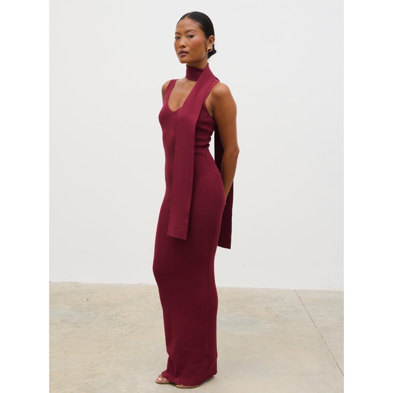 Arabella Knit Maxi Dress with Neck Tie – Wine