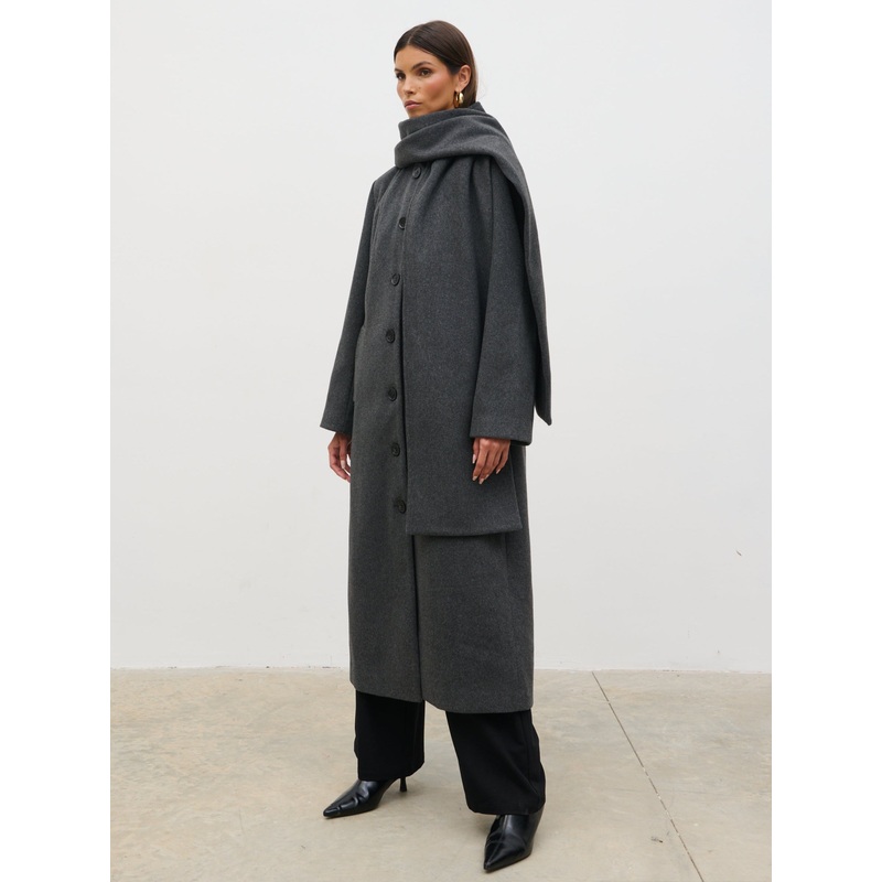 Ari Collarless Coat with Scarf – Grey