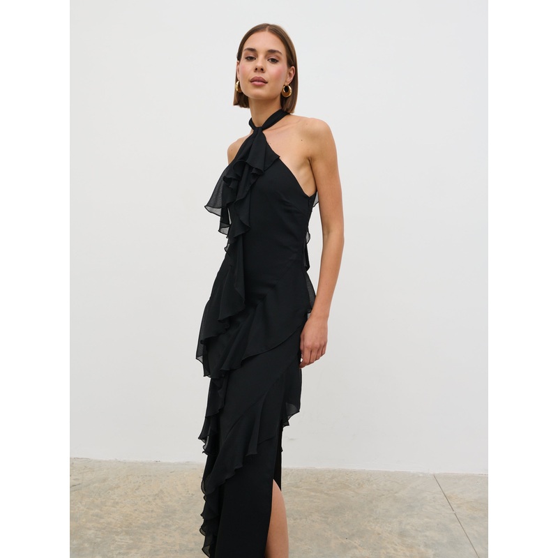 Aria Halter Neck Ruffle Maxi Dress – Black
