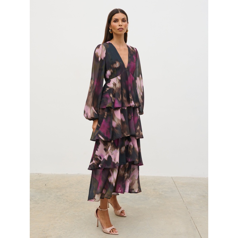 Ashton Ruffle Midi Dress – Purple and Khaki Ombre