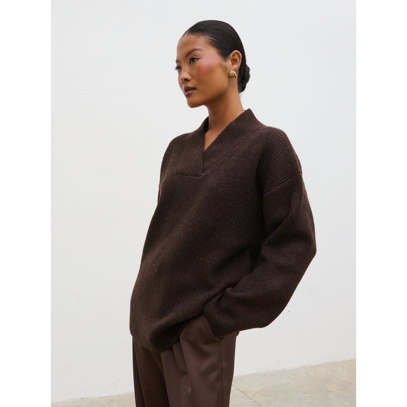 Briana Chunky V-Neck Knit Jumper – Chocolate