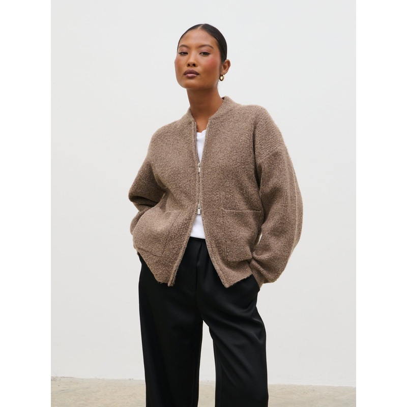 Camille Boucle Knit Bomber – Mocha