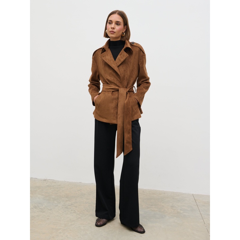 Lennon Faux Suede Tie Waist Jacket – Dark Tan