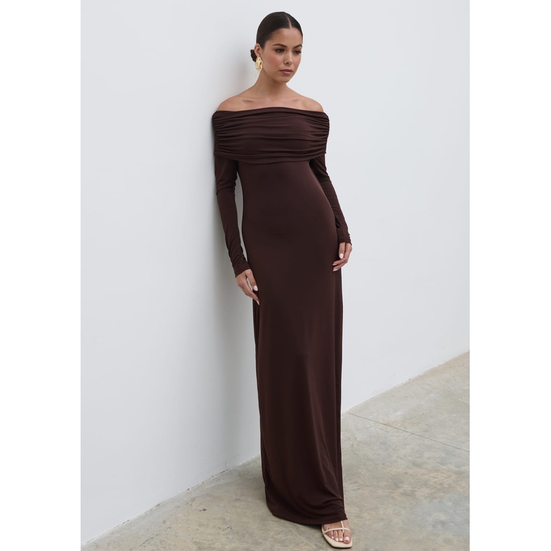 Perrie Bardot Jersey Maxi Dress – Brown