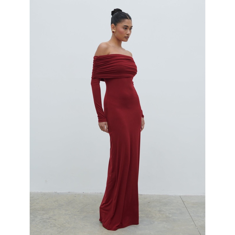 Perrie Bardot Jersey Maxi Dress – Burgundy