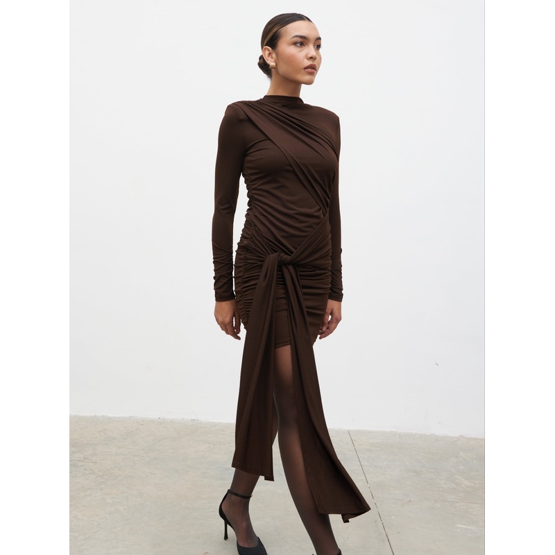 Raya Drape Jersey Mini Dress – Brown