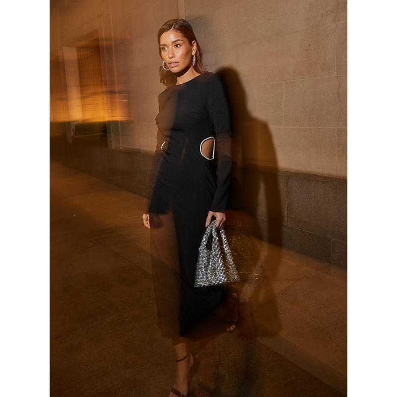 Reina Embellished Cut Out Midaxi Dress – Black