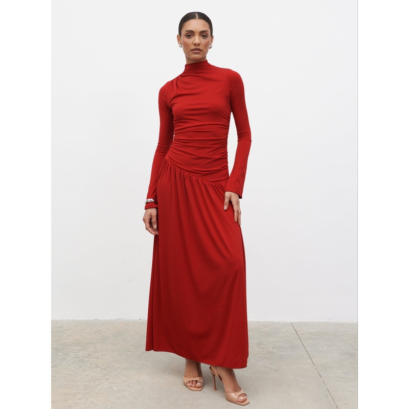 Shai Ruched Jersey Maxi Dress – Red