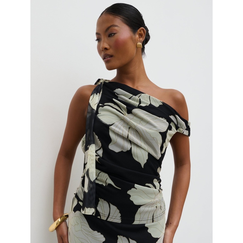 Shea Off Shoulder Jersey Tie Top – Monochrome Floral