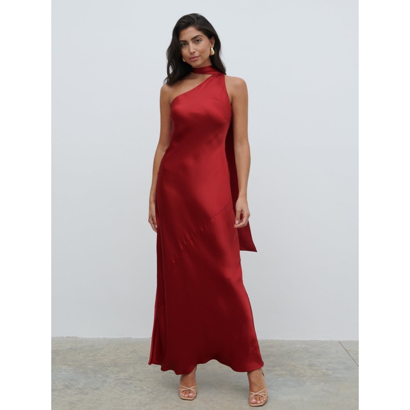 Sheree One Shoulder Sash Maxi Dress – Red