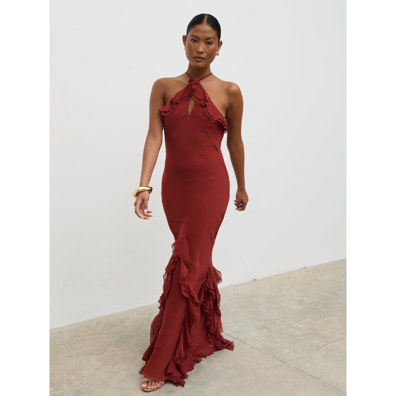 Sofia Halter Neck Ruffle Maxi Dress – Rust