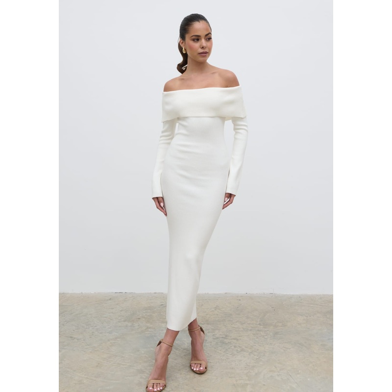 Soreya Bardot Knit Dress – Cream