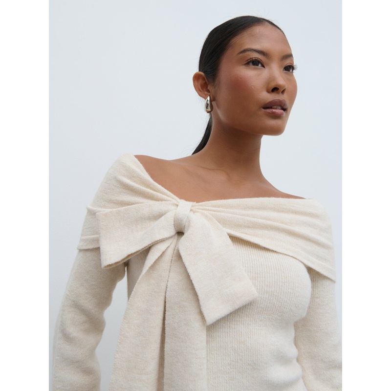Tilda Bardot Bow Knit Top – Beige