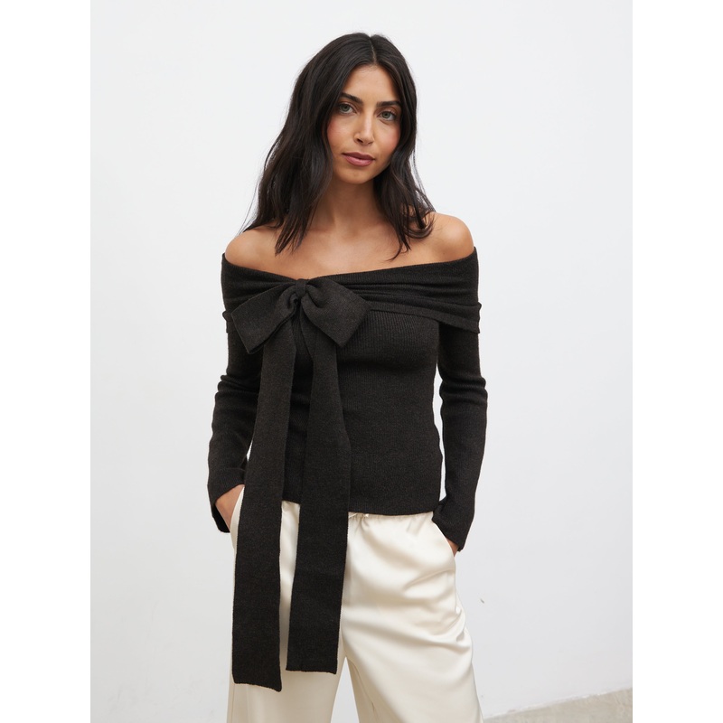 Tilda Bardot Bow Knit Top – Chocolate