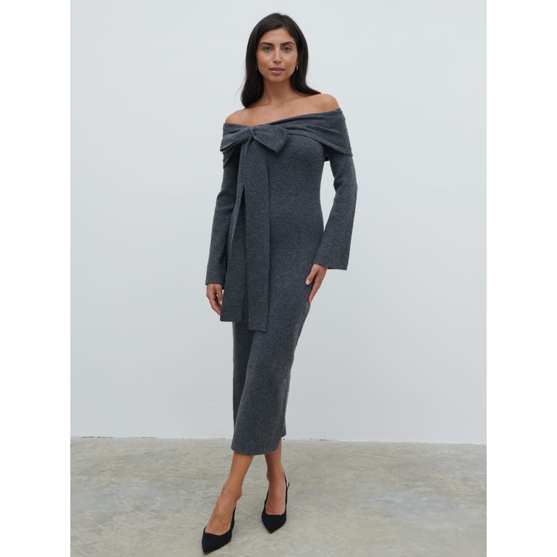 Tilda Bow Bardot Knit Midaxi Dress – Charcoal