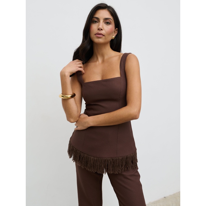 Verona Fringed Tweed Top – Brown