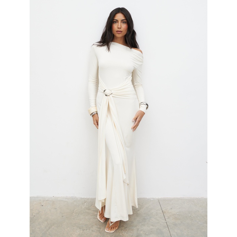 Yarelia Ruched Trim Jersey Maxi Dress – Cream