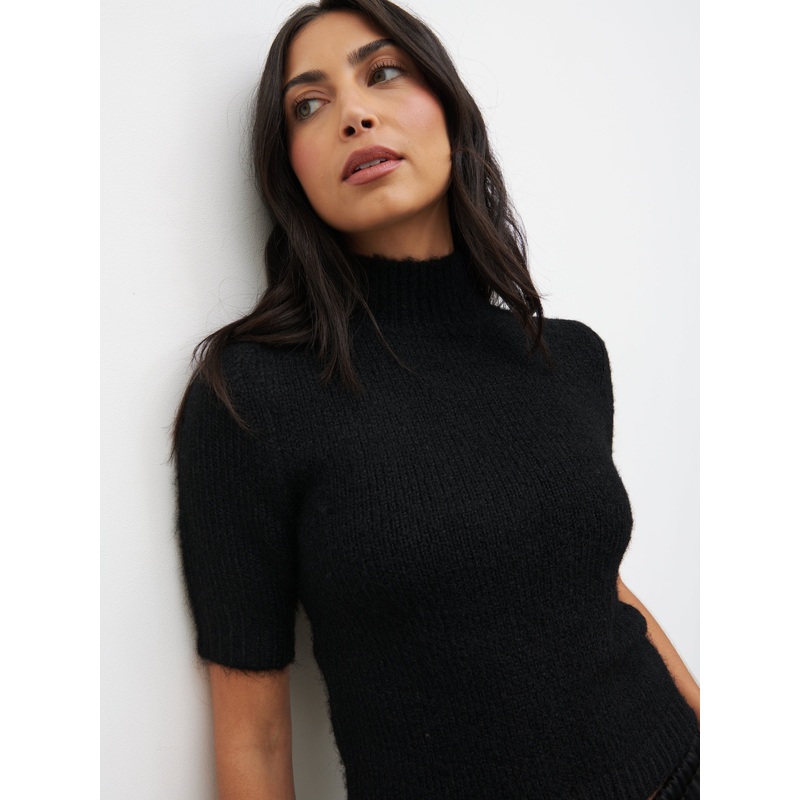 Alia Fluffy High Neck Knit Top – Black